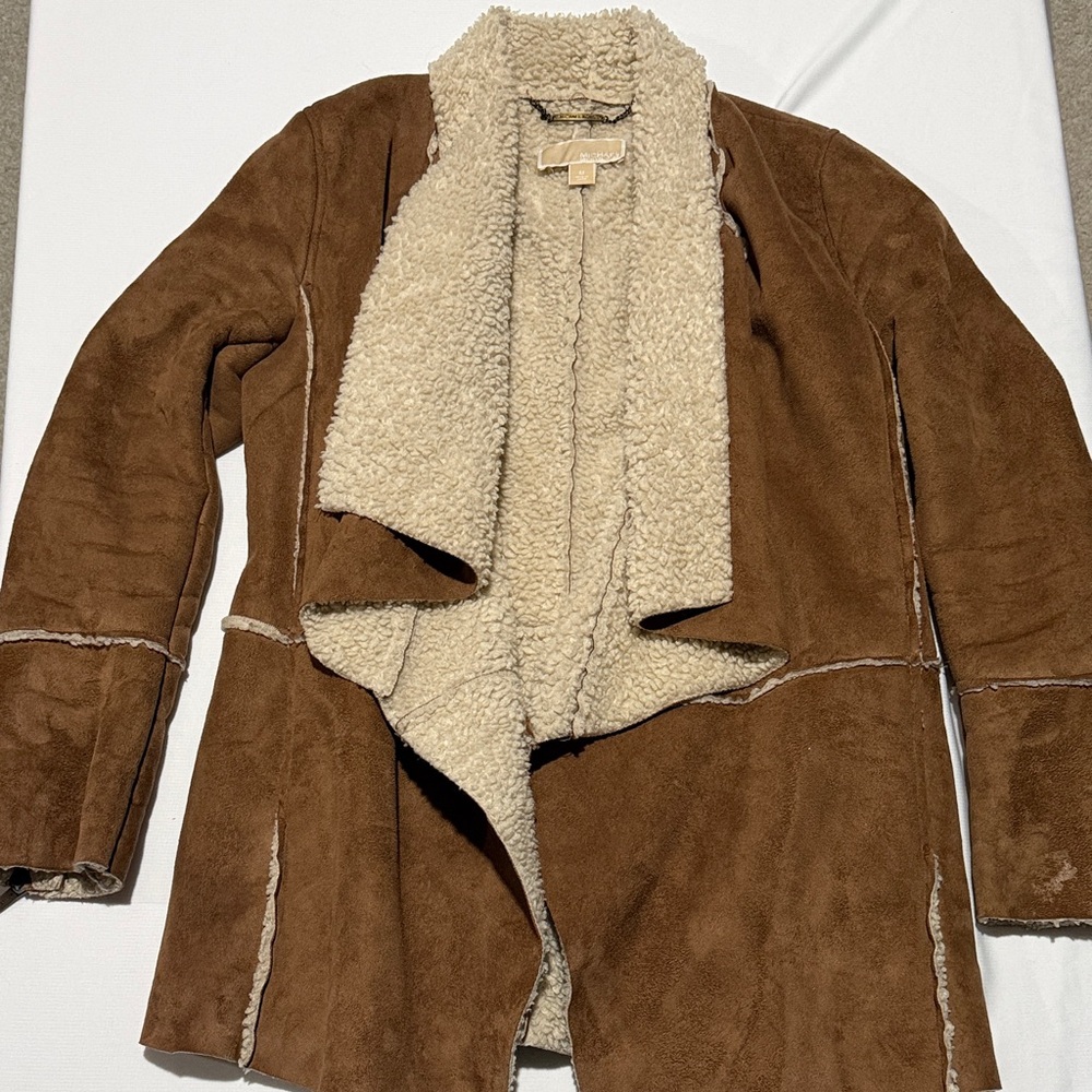 Michael Kors Faux Suede Sherpa Lined Draped Jacket | M | Brown/Acorn